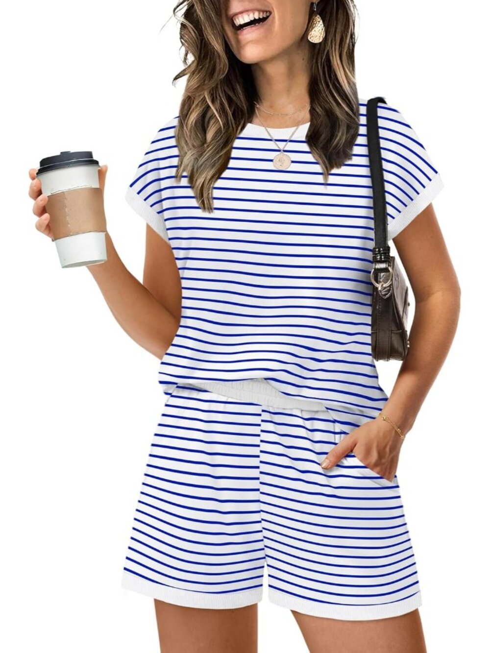 〽️Women's Outfit White Blue Striped Cap Sleeve Shirts Shorts Summer Lounge Set